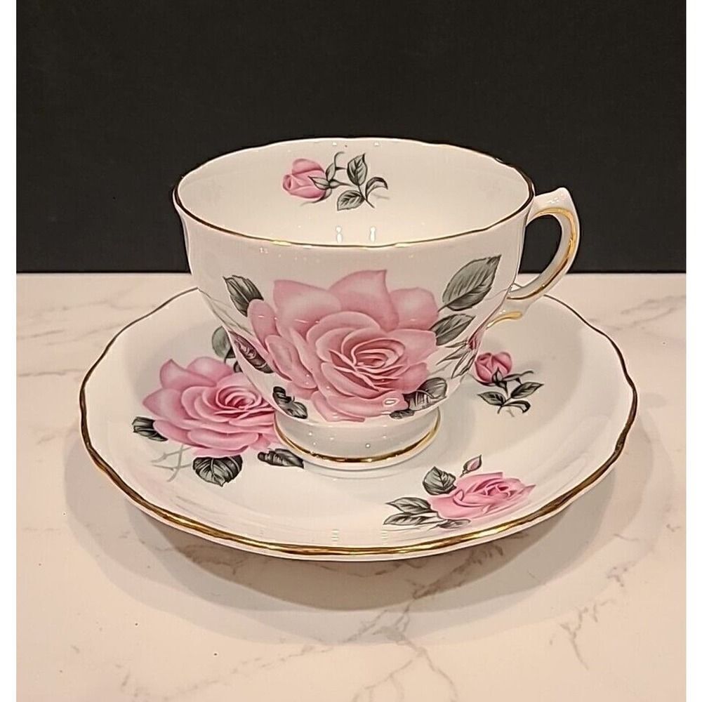 Royal Vale Ridgeway Teacup & Saucer Set England Fine Bone China Pink Roses EUC